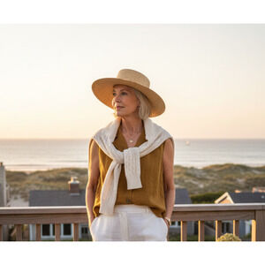 Lou & Grey Women's Medium 100% Linen Short Sleeve Top in Mustard Relaxed Fit